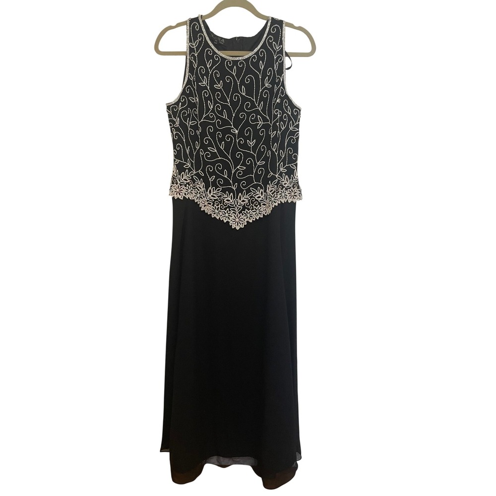 Evening Gown Black 10P Beaded Sequin Sleeveless Top Chiffon Skirt‎ EUC